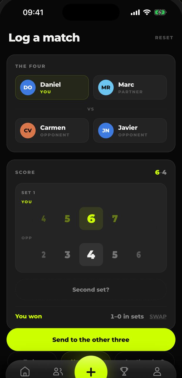 Logging a match: partner, rivals and sets