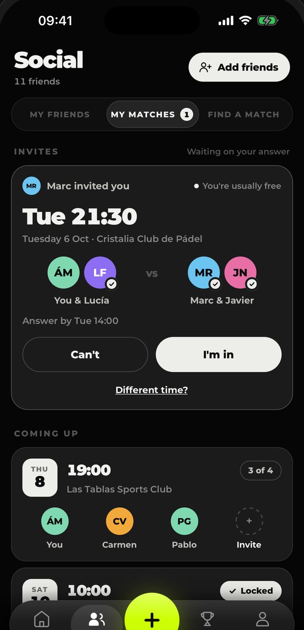 A match invite with time and court